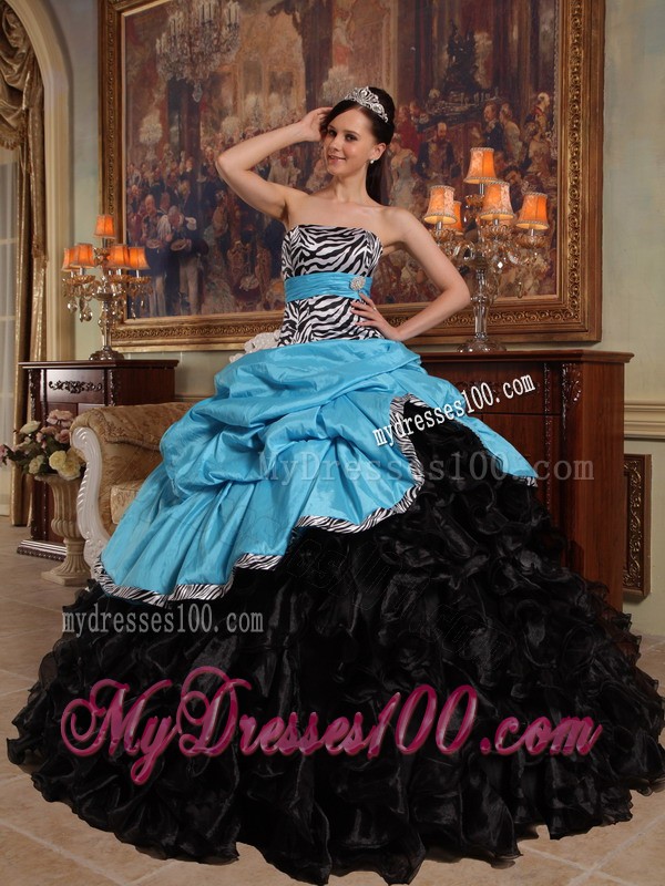 Aqua and Black Zebra Sweetheart Pick-ups Quinceanera Dress