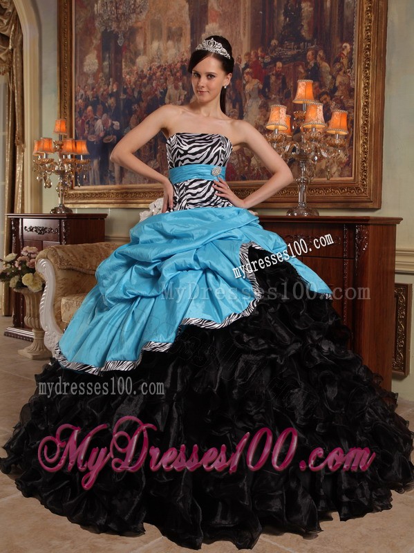 Aqua and Black Zebra Sweetheart Pick-ups Quinceanera Dress