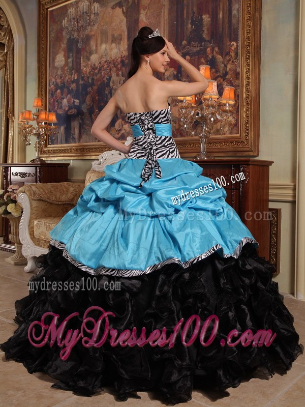 Aqua and Black Zebra Sweetheart Pick-ups Quinceanera Dress