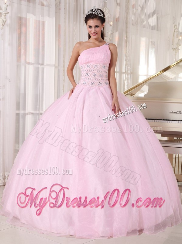 One Beaded Shoulder Baby Pink Ball Gown Floor-length Sweet Sixteen Dress