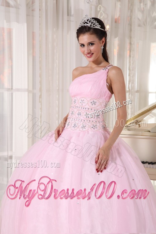 One Beaded Shoulder Baby Pink Ball Gown Floor-length Sweet Sixteen Dress