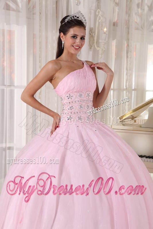 One Beaded Shoulder Baby Pink Ball Gown Floor-length Sweet Sixteen Dress