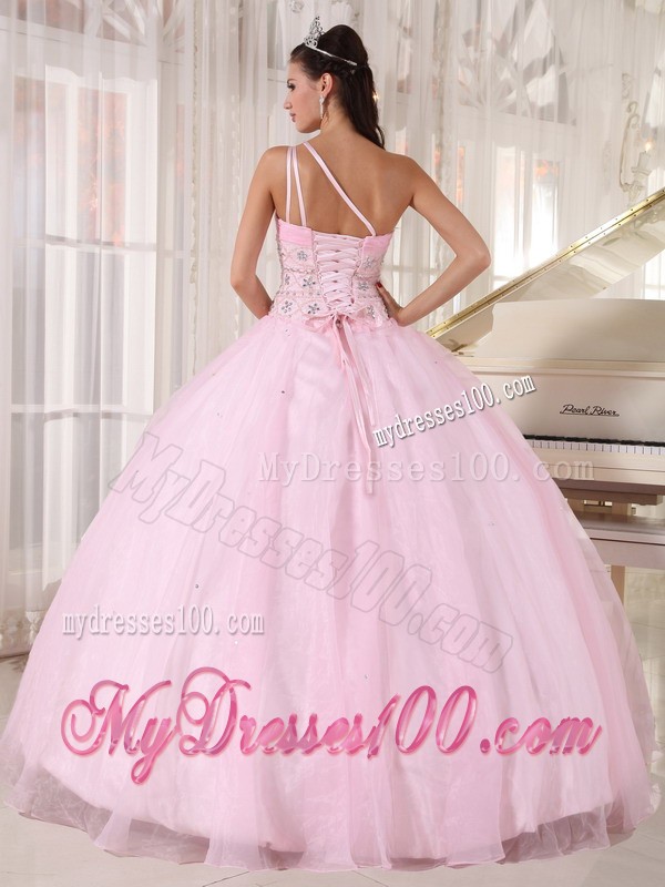 One Beaded Shoulder Baby Pink Ball Gown Floor-length Sweet Sixteen Dress