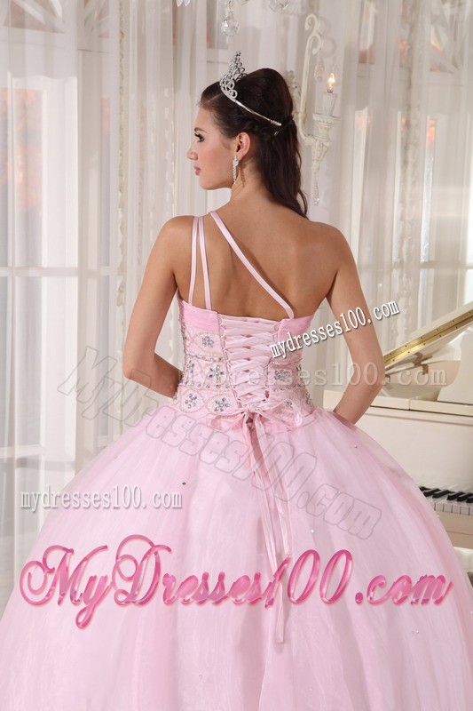 One Beaded Shoulder Baby Pink Ball Gown Floor-length Sweet Sixteen Dress