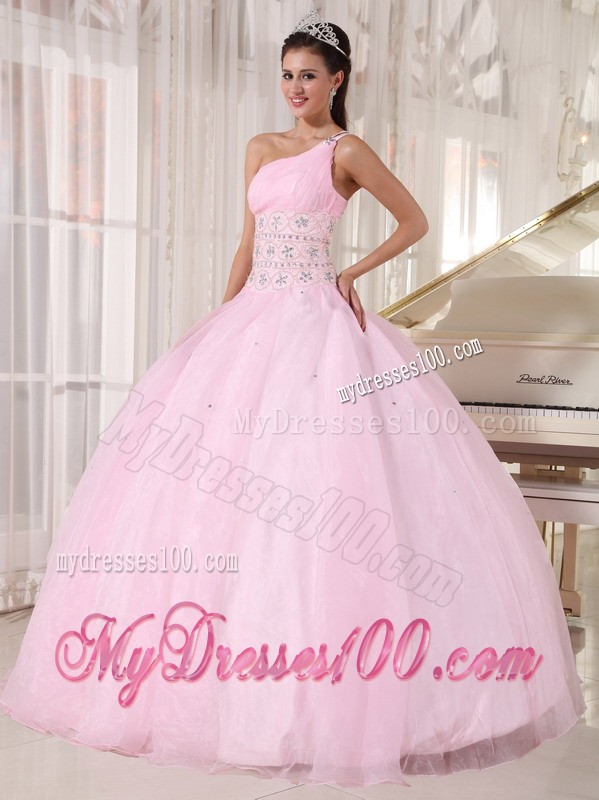 One Beaded Shoulder Baby Pink Ball Gown Floor-length Sweet Sixteen Dress