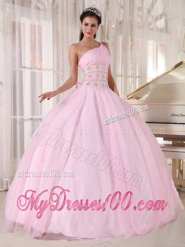 One Beaded Shoulder Baby Pink Ball Gown Floor-length Sweet Sixteen Dress