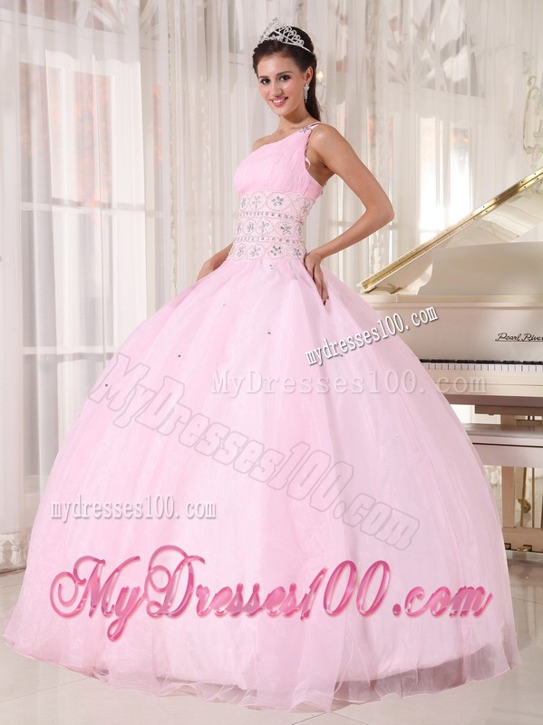 One Beaded Shoulder Baby Pink Ball Gown Floor-length Sweet Sixteen Dress