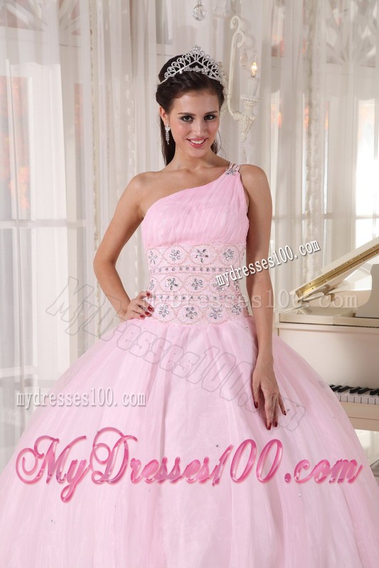 One Beaded Shoulder Baby Pink Ball Gown Floor-length Sweet Sixteen Dress