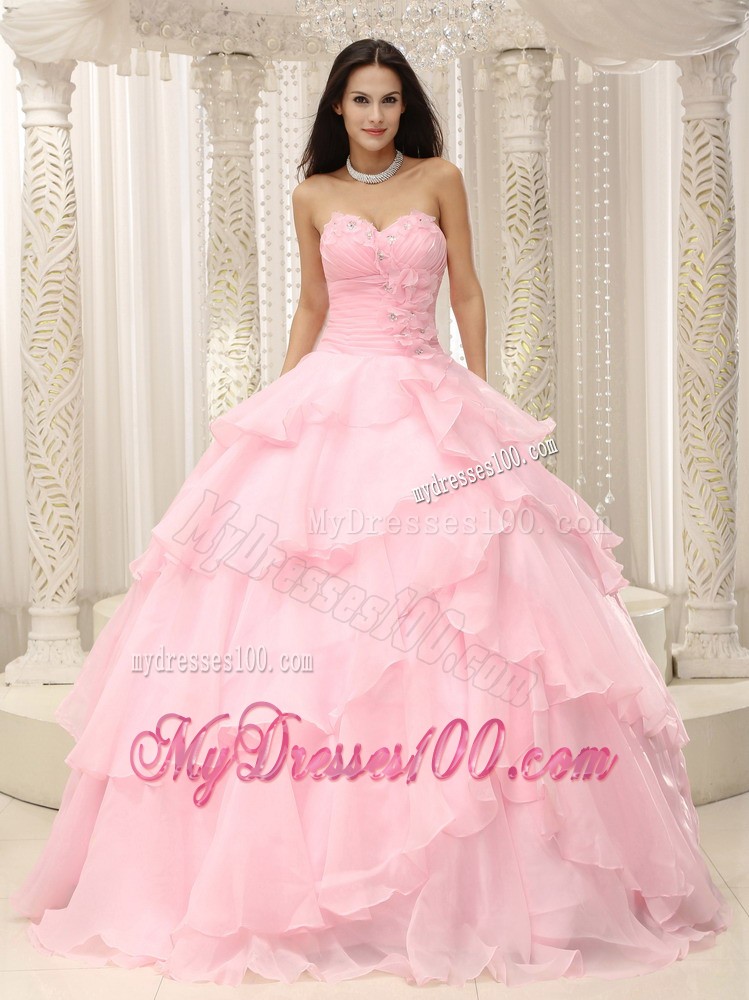 Ruched Baby Pink Sweetheart Organza Ruffles Flower Quinceanera Dress