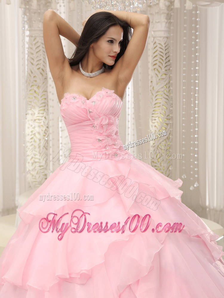 Ruched Baby Pink Sweetheart Organza Ruffles Flower Quinceanera Dress