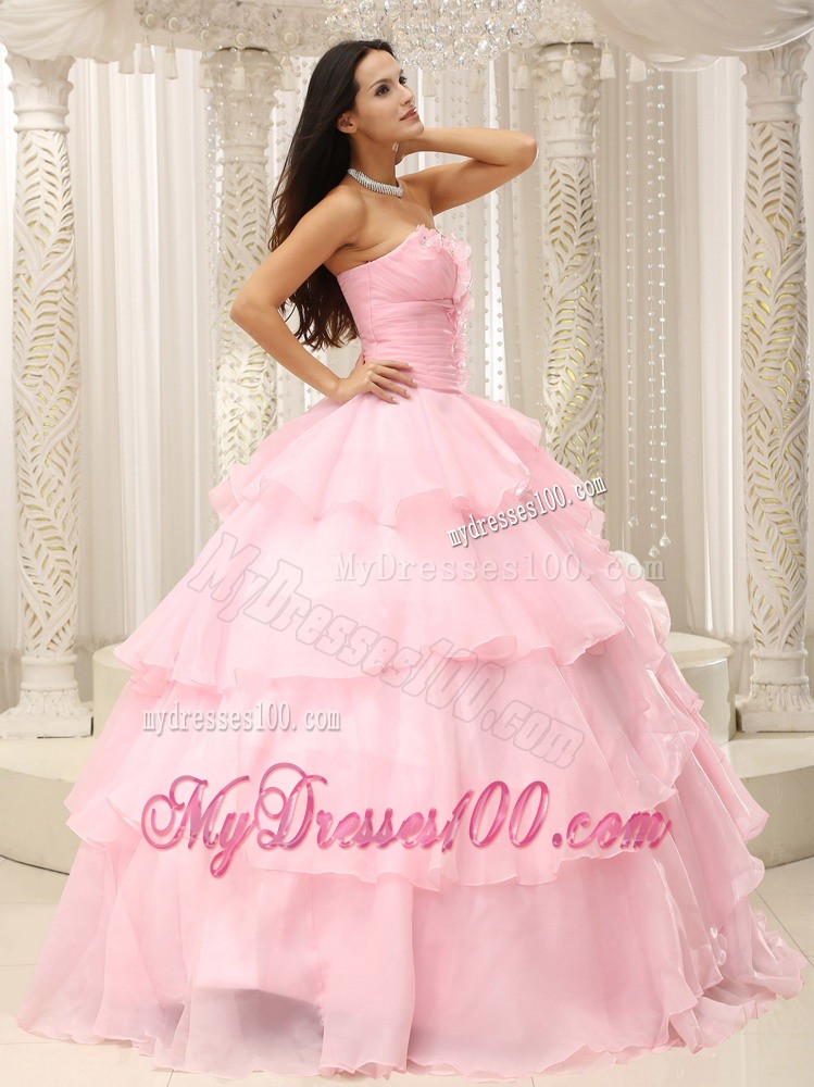 Ruched Baby Pink Sweetheart Organza Ruffles Flower Quinceanera Dress