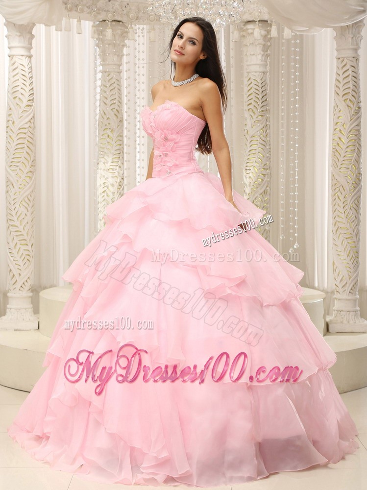 Ruched Baby Pink Sweetheart Organza Ruffles Flower Quinceanera Dress