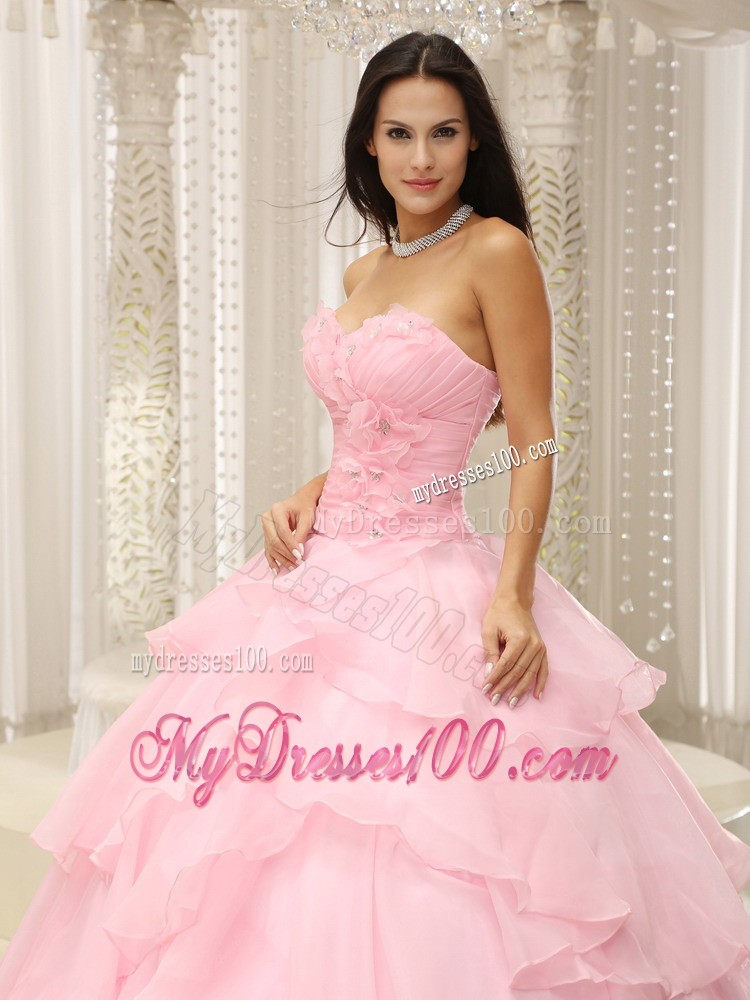 Ruched Baby Pink Sweetheart Organza Ruffles Flower Quinceanera Dress