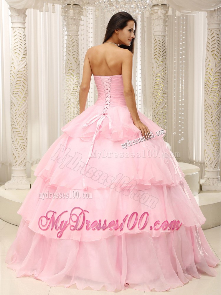 Ruched Baby Pink Sweetheart Organza Ruffles Flower Quinceanera Dress