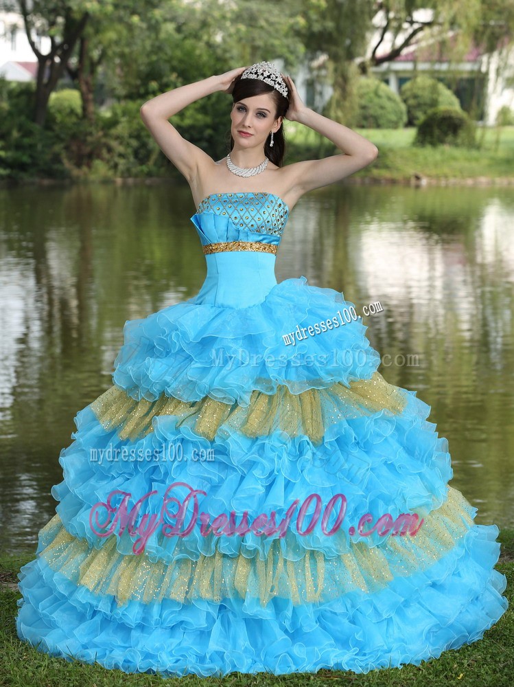 Brisk Beading and Sequins Aqua Blue and Yellow Quince Dress