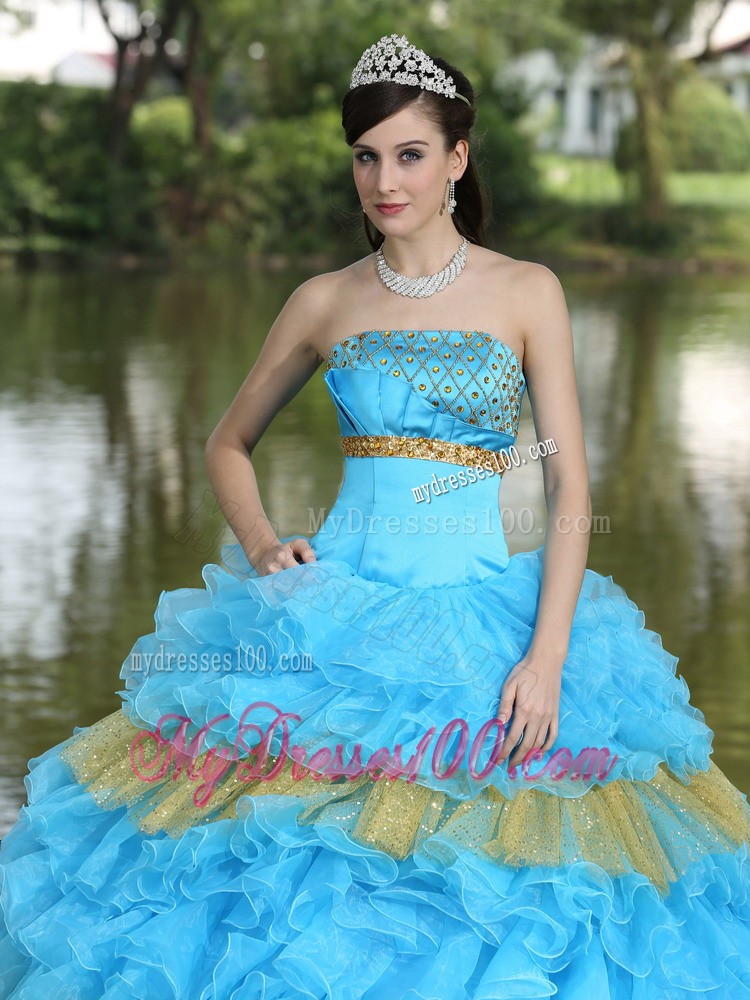 Brisk Beading and Sequins Aqua Blue and Yellow Quince Dress