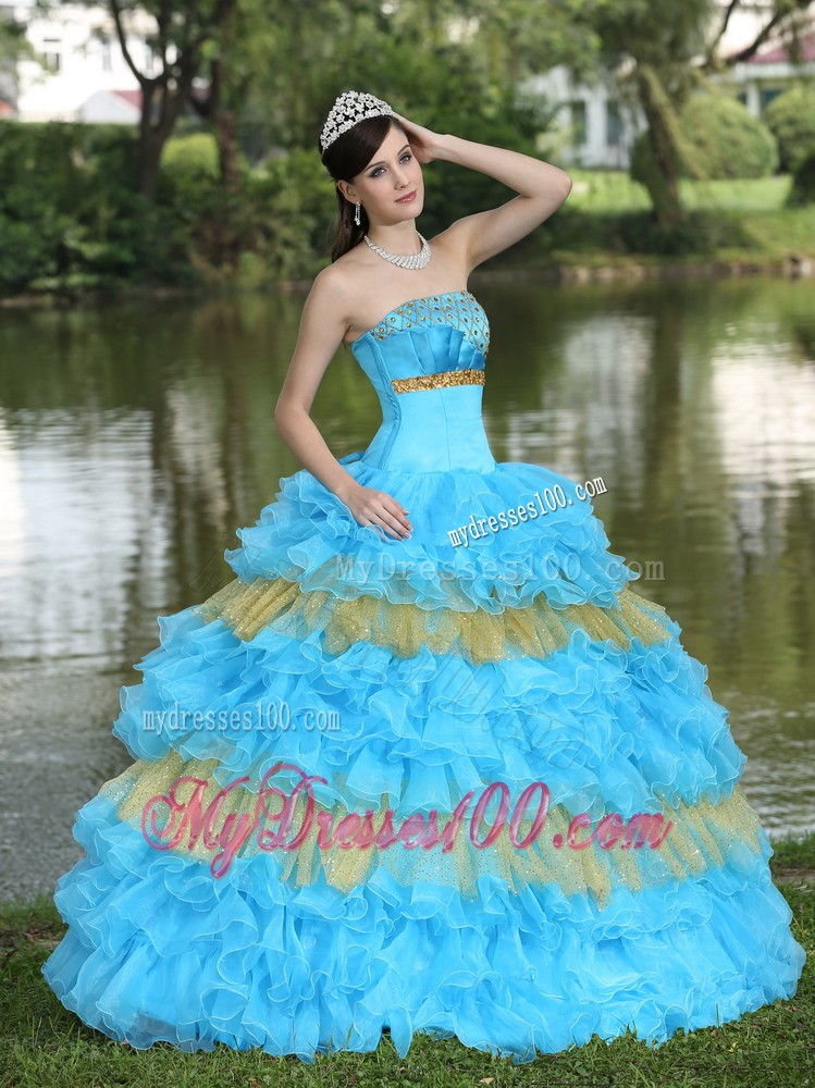 Brisk Beading and Sequins Aqua Blue and Yellow Quince Dress