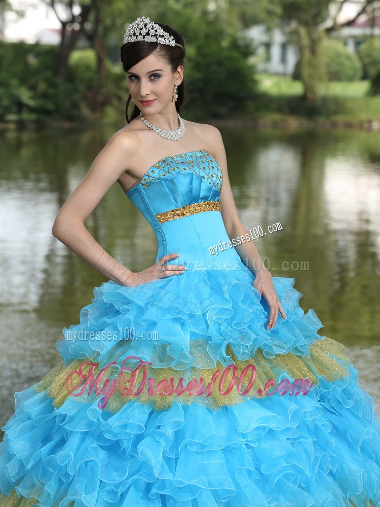 Brisk Beading and Sequins Aqua Blue and Yellow Quince Dress