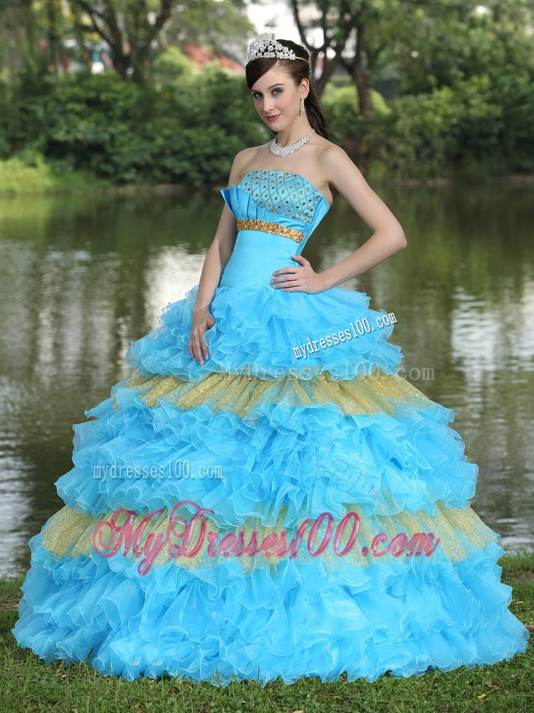 Brisk Beading and Sequins Aqua Blue and Yellow Quince Dress