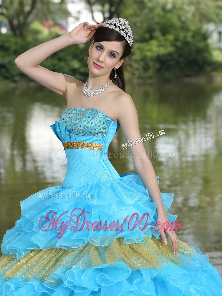 Brisk Beading and Sequins Aqua Blue and Yellow Quince Dress