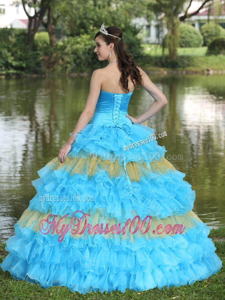 Brisk Beading and Sequins Aqua Blue and Yellow Quince Dress