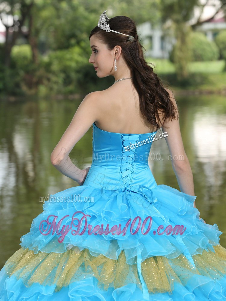 Brisk Beading and Sequins Aqua Blue and Yellow Quince Dress