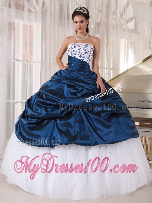 Discounted Strapless Navy Blue and White Quince Dresses with Appliques