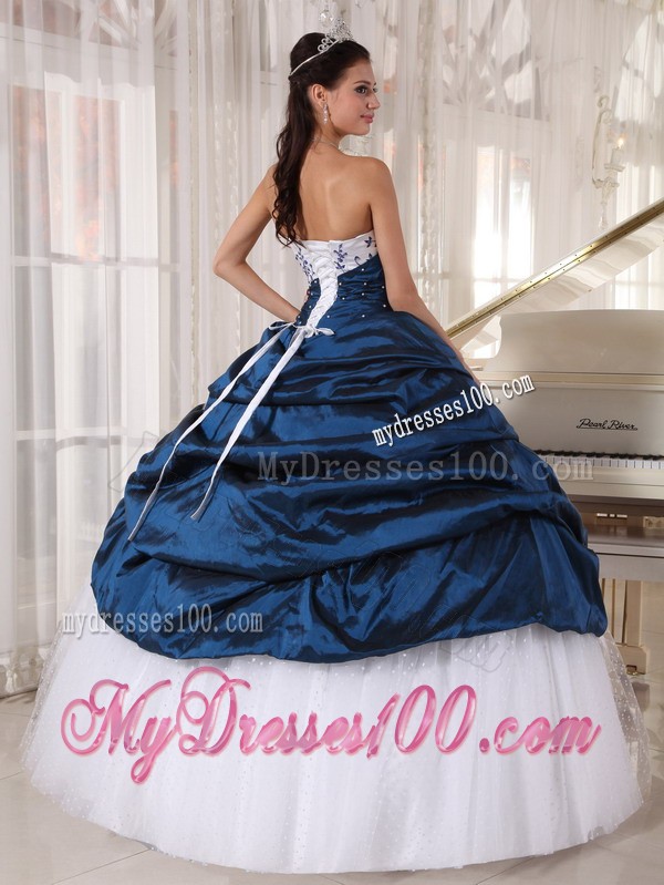 Discounted Strapless Navy Blue and White Quince Dresses with Appliques