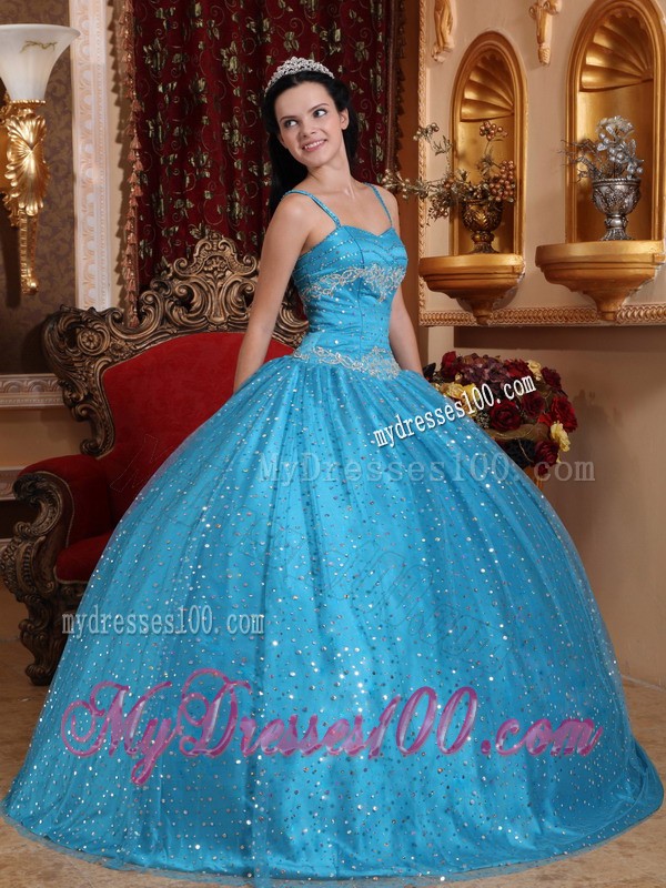 Sparkling Aqua Blue Spaghetti Straps Sequined Quinceanera Dress