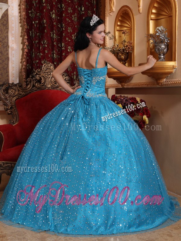 Sparkling Aqua Blue Spaghetti Straps Sequined Quinceanera Dress