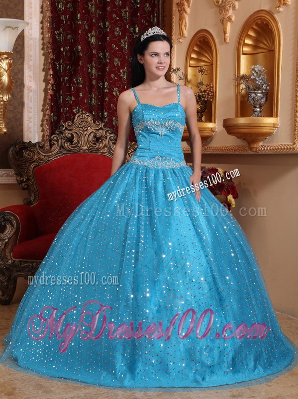 Sparkling Aqua Blue Spaghetti Straps Sequined Quinceanera Dress