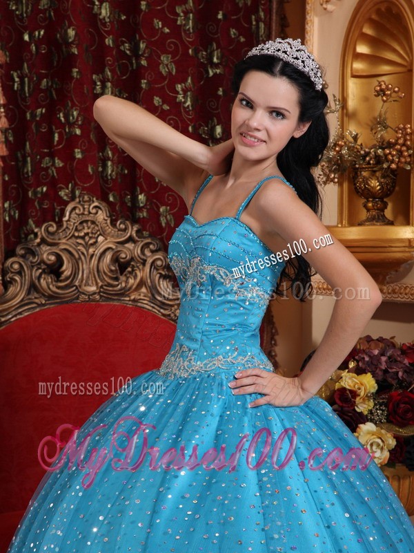 Sparkling Aqua Blue Spaghetti Straps Sequined Quinceanera Dress