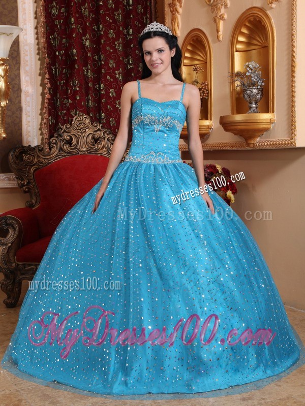 Sparkling Aqua Blue Spaghetti Straps Sequined Quinceanera Dress