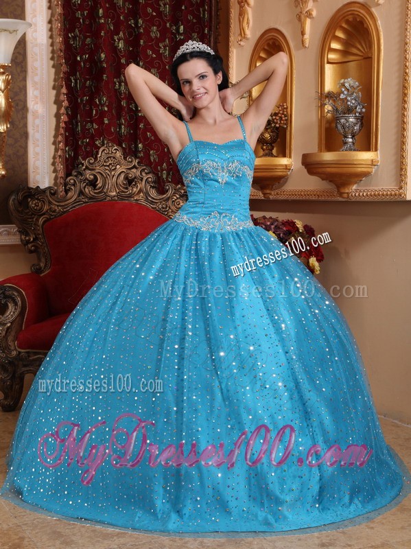 Sparkling Aqua Blue Spaghetti Straps Sequined Quinceanera Dress
