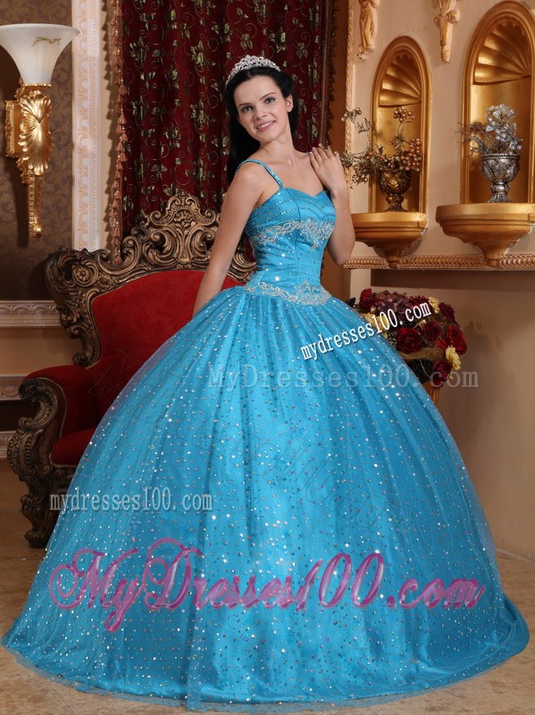 Sparkling Aqua Blue Spaghetti Straps Sequined Quinceanera Dress
