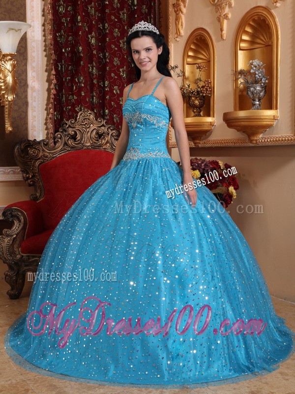 Sparkling Aqua Blue Spaghetti Straps Sequined Quinceanera Dress