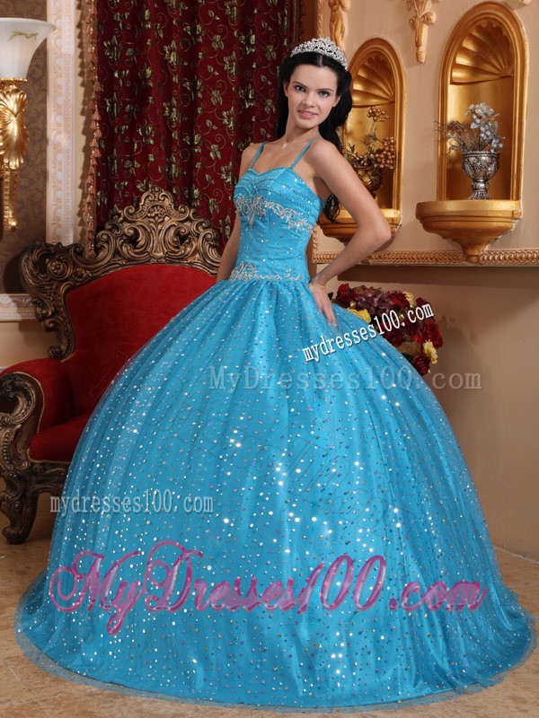 Sparkling Aqua Blue Spaghetti Straps Sequined Quinceanera Dress