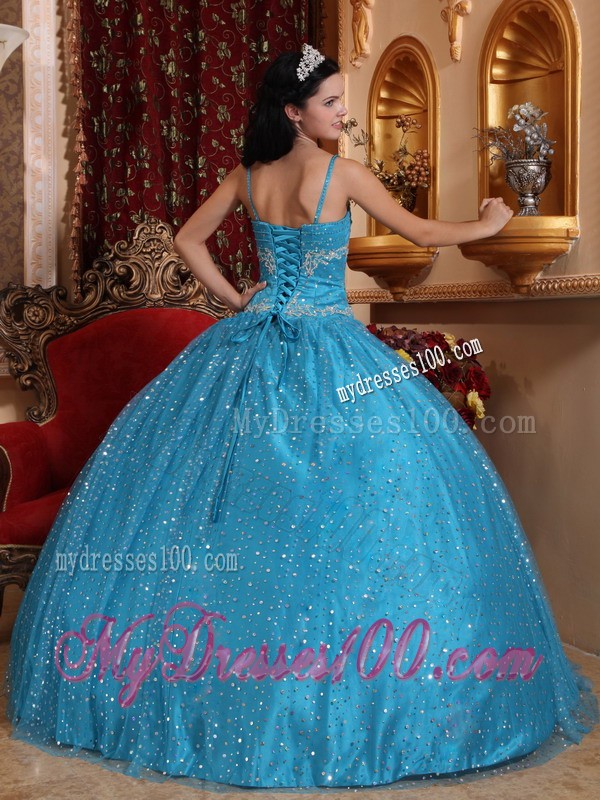 Sparkling Aqua Blue Spaghetti Straps Sequined Quinceanera Dress