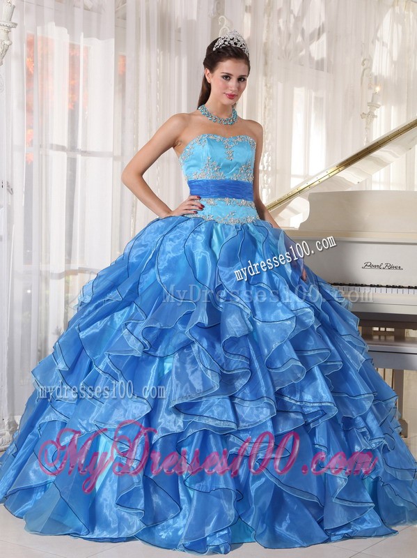 Two-toned Blue Strapless Organza Appliques and Sash Sweet 15 Dresses