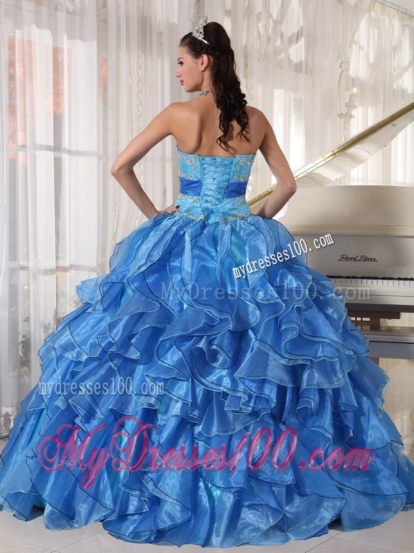 Two-toned Blue Strapless Organza Appliques and Sash Sweet 15 Dresses
