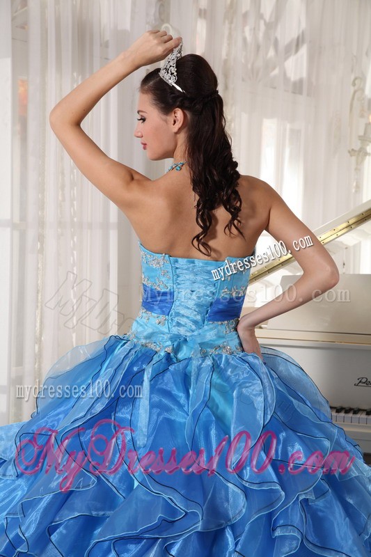 Two-toned Blue Strapless Organza Appliques and Sash Sweet 15 Dresses