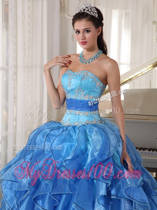 Two-toned Blue Strapless Organza Appliques and Sash Sweet 15 Dresses