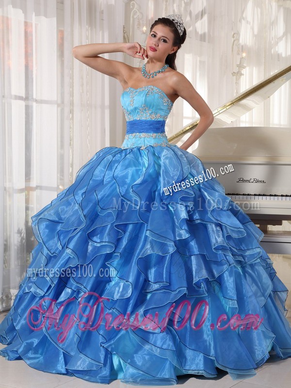 Two-toned Blue Strapless Organza Appliques and Sash Sweet 15 Dresses