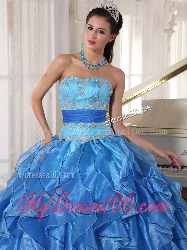 Two-toned Blue Strapless Organza Appliques and Sash Sweet 15 Dresses