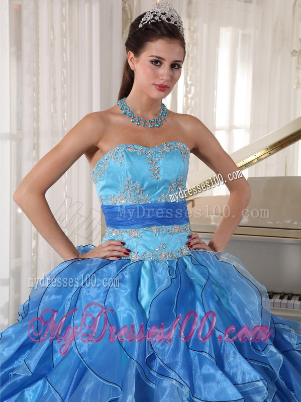 Two-toned Blue Strapless Organza Appliques and Sash Sweet 15 Dresses