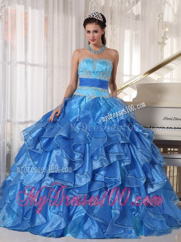 Two-toned Blue Strapless Organza Appliques and Sash Sweet 15 Dresses