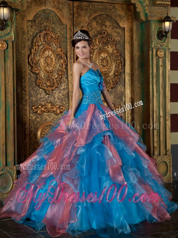 Beaded Blue Strapless Organza Quinceanera Dress with Vertical Ruffled Stripes