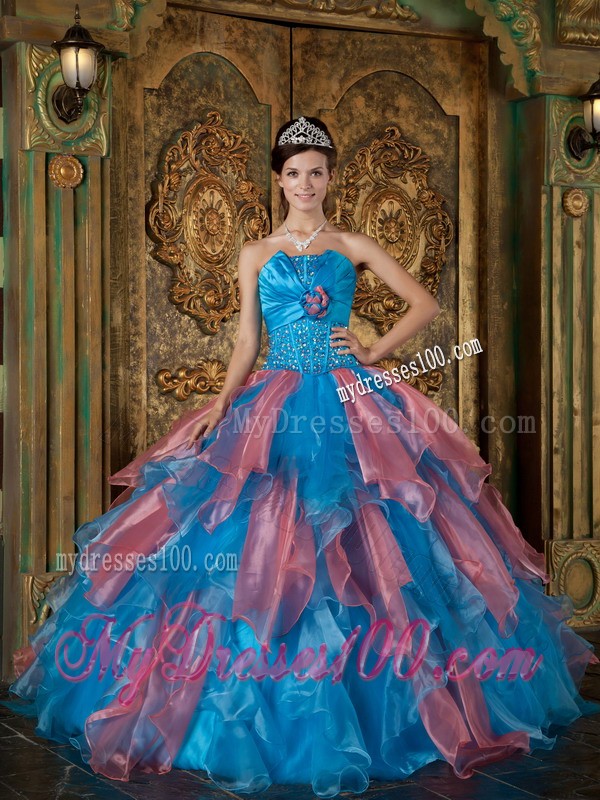Beaded Blue Strapless Organza Quinceanera Dress with Vertical Ruffled Stripes