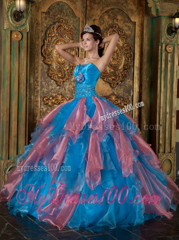 Beaded Blue Strapless Organza Quinceanera Dress with Vertical Ruffled Stripes