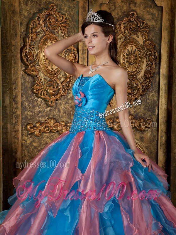Beaded Blue Strapless Organza Quinceanera Dress with Vertical Ruffled Stripes